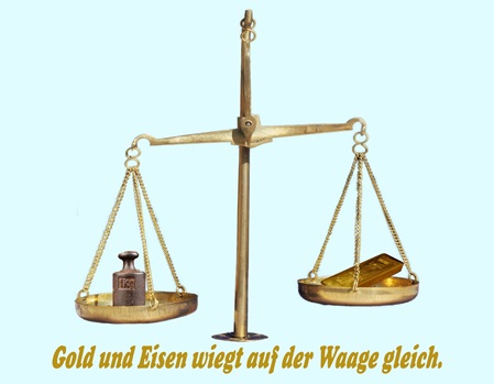 Gold und Eisen wiegt auf einer Waage gleich.